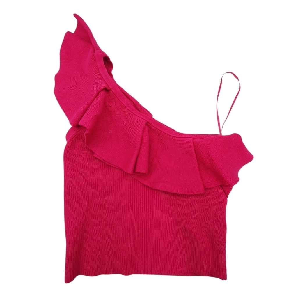 Express Women's Body Contour Ruffle One Shoulder Cropped Sweater Tank - Picture 3 of 6